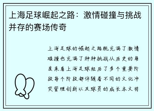 上海足球崛起之路：激情碰撞与挑战并存的赛场传奇